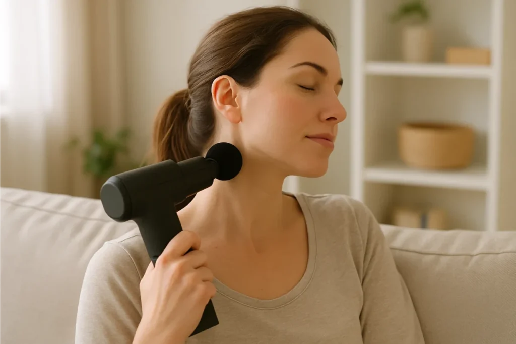 vrouw gebruikt massage apparaat op de nek