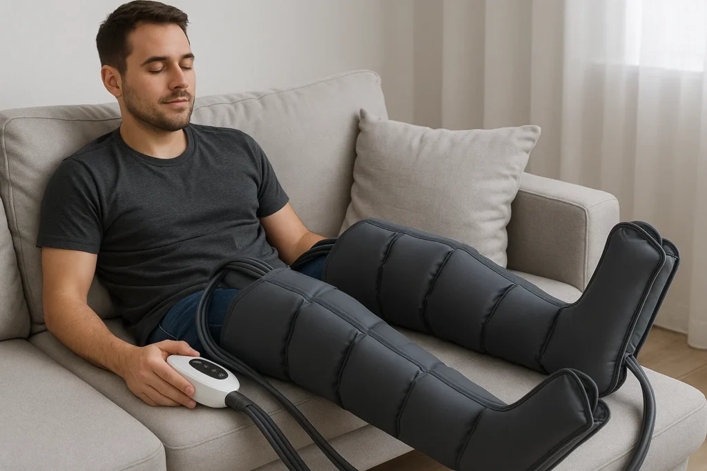 man gebruikt een lymfedrainage massage apparaat