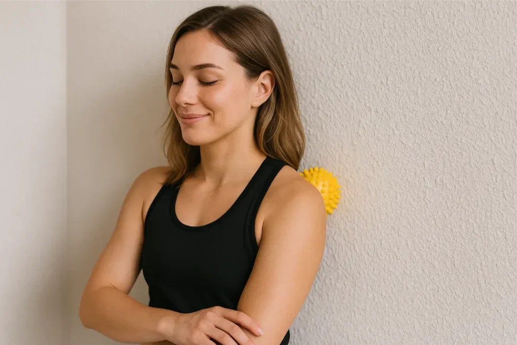 vrouw doet massagebal oefening