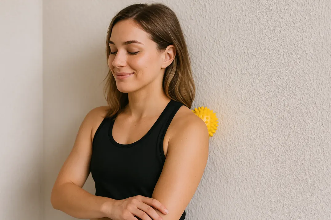 vrouw doet massagebal oefening