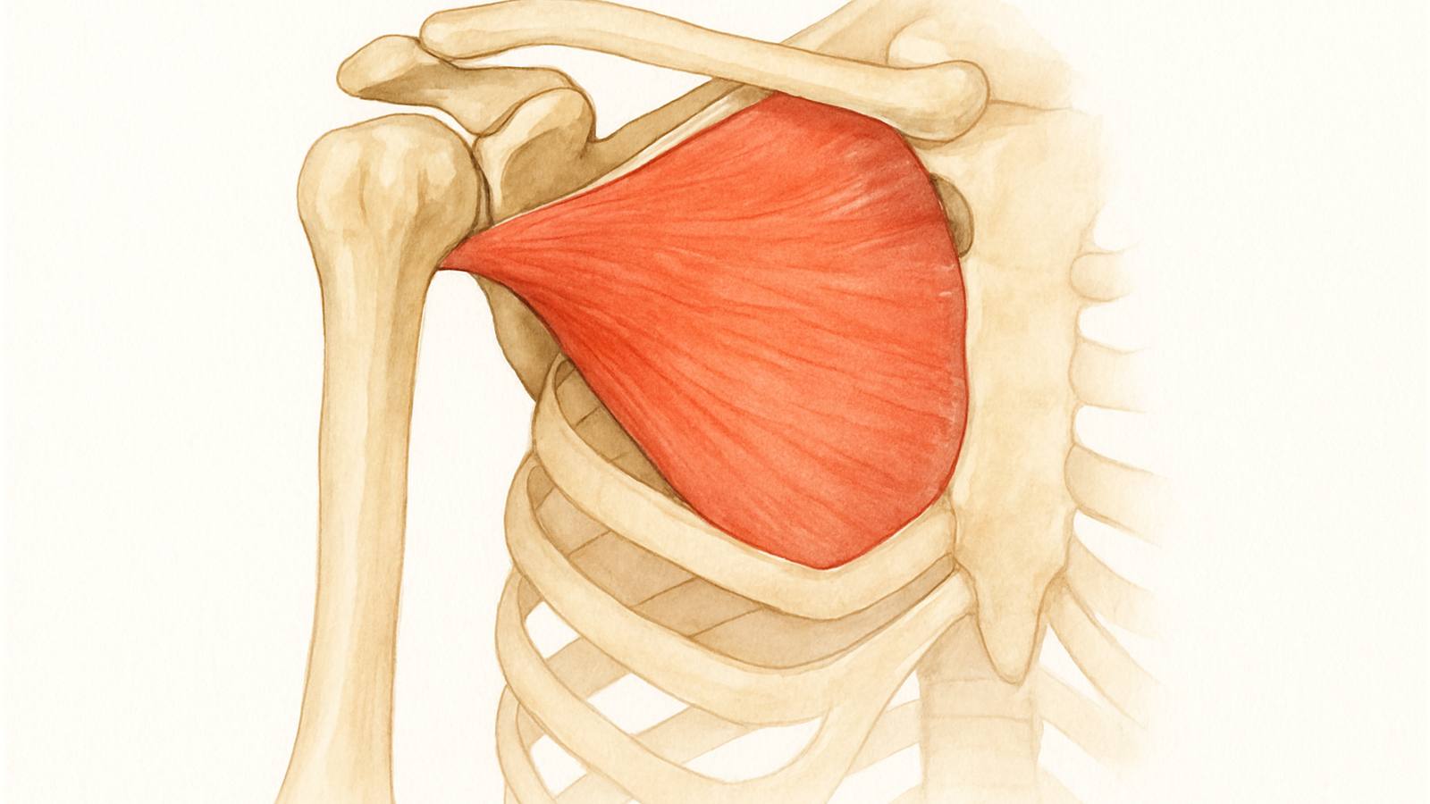 Anatomische illustratie van de musculus subscapularis aan de voorkant van het schouderblad