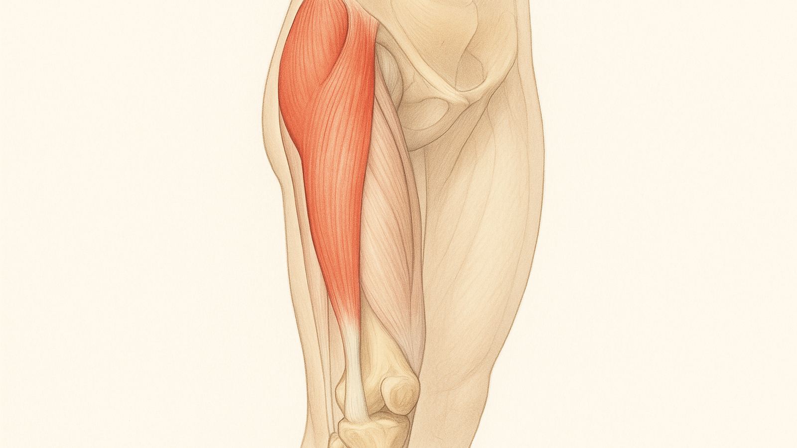 Anatomie musculus vastus lateralis: buitenste quadriceps-spier van trochanter major en linea aspera tot patella, antero-laterale view bovenbeen
