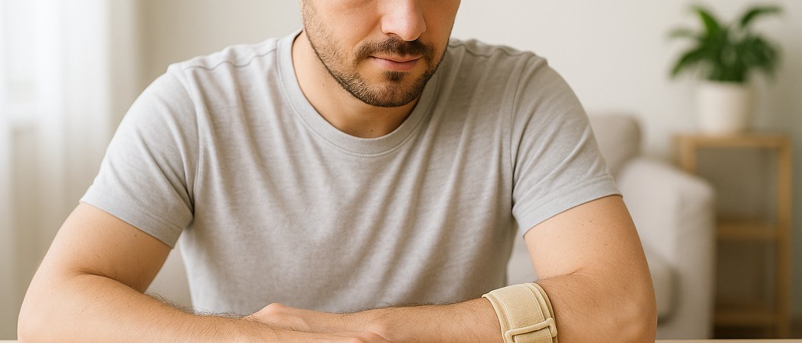 Man met een steunband om zijn onderarm laat zijn arm rusten bij een tennisarm
