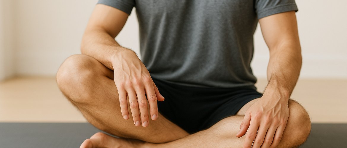 Man in kleermakerszit met ontspannen handen op zijn knieen tijdens een rustmoment