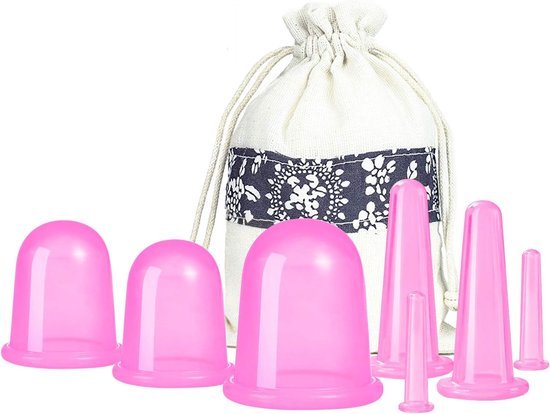 Roze siliconen cupping set van zeven cups in verschillende maten voor lichaam en gezicht