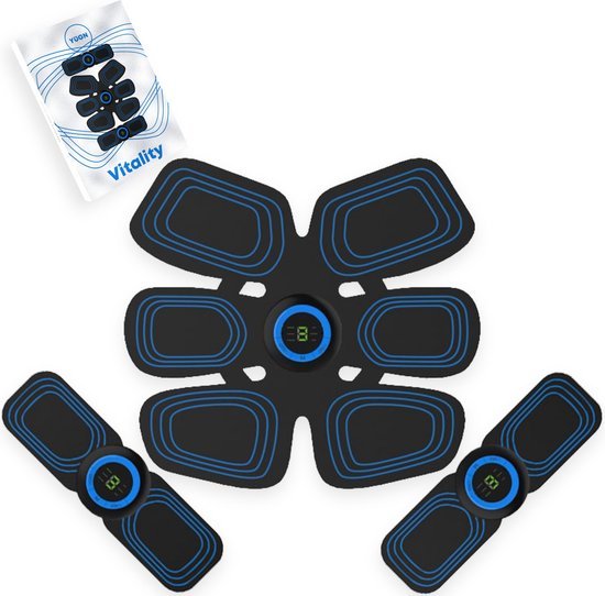 Blauwe YUGN EMS buikpad met zes vlakken en twee losse armpads