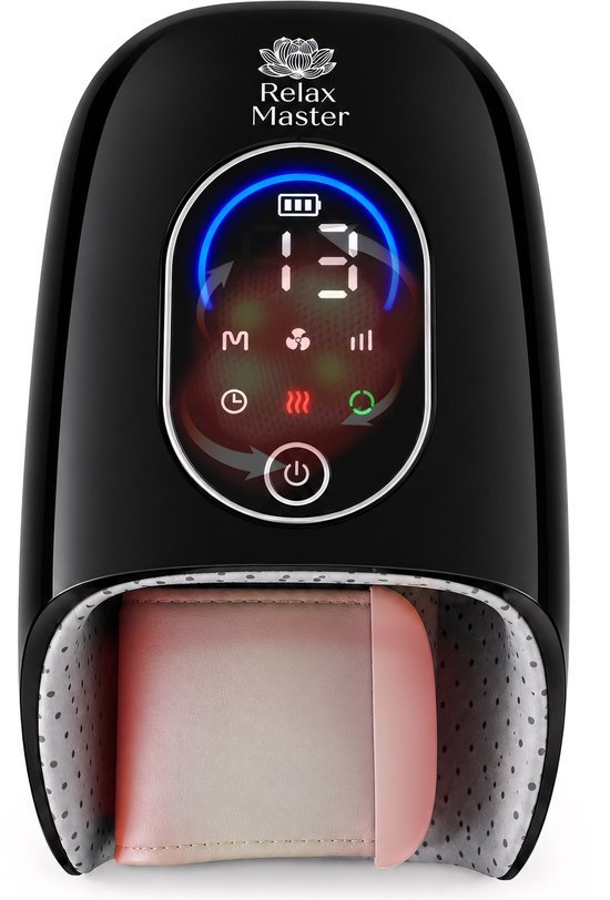 Zwart Relax Master handmassage apparaat met warmte en luchtcompressie waarin een hand ligt
