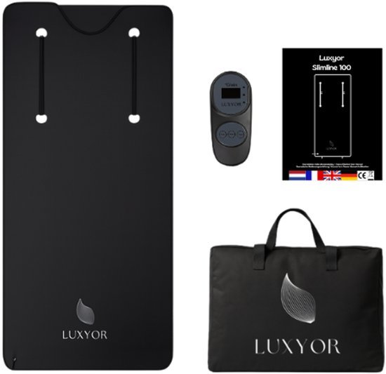Zwarte Luxyor Slimline 100 saunadeken met handbediening, handleiding en zwarte opbergtas