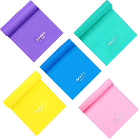 Vijf opgerolde lange platte U Fit One weerstandsbanden in paars, groen, blauw, geel en roze